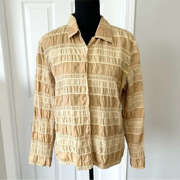 A&K Designs Tan Beige Smocked Button Down  Blouse - Picture 1 of 15